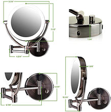Load image into Gallery viewer, Ovente 7.5" Lighted Wall Mount Makeup Mirror, 1X &amp; 10X Magnifier, Spinning Double Sided Round LED w/ Dimmer Switch, Extend, Retractable &amp; Folding Arm, Battery USB Powered Antique Brass MLW75AB1X10X
