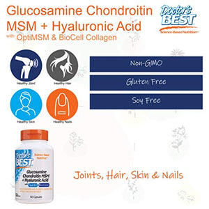 Doctor's Best Glucosamine Chondroitin Msm + Hyaluronic Acid with optimsm & Biocell Collagen, Joint Support, Non-GMO, Gluten Free, Soy Free, 150 Caps