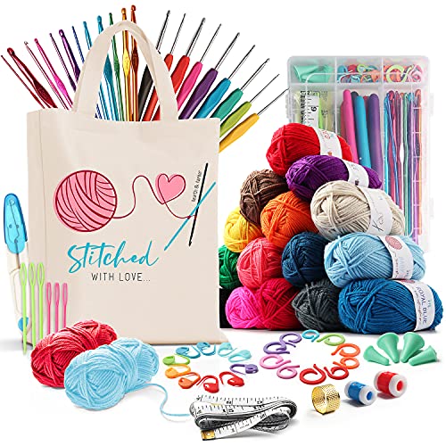73 Piece Crochet Kit with Crochet Hooks Yarn Set - Premium Bundle Includes Yarn Balls, Needles, Accessories Kit, Canvas Tote Bag and Lot More - Starter Pack for Kids Adults – Beginner, Professionals.