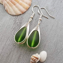 Load image into Gallery viewer, Handmade jewelry from Hawaii, wire braided Emerald sea glass earrings,"May Birthstone", (Hawaii Gift Wrapped, Customizable Gift Message)
