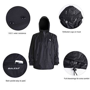 BALEAF Men's Waterproof Cycling Running Rain Jacket with Hooded Lightweight Packable Raincoat Biking Hiking Windbreaker Black Size L