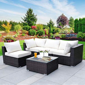 Viewee 5-Pieces Outdoor Patio Furniture Sets Rattan Wicker Patio Sofa with 2 Corner Chairs& 2 Armless Chair &1 Glass Top Patio Table