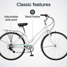 Load image into Gallery viewer, Schwinn Wayfarer Adult Bike Hybrid Retro-Styled Cruiser, 16-Inch/Small Steel Step-Through Frame, 7-Speed Drivetrain, Rear Rack, 700C Wheels, White

