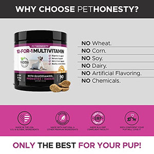 PetHonesty 10 in 1 Dog Multivitamin - Essential Dog Vitamins with Glucosamine Chondroitin, Probiotics and Omega Fish Oil for Dogs Overall Health - Vitamins for Joint Supplement Heart - (Peanut Butter)