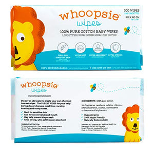 Whoopsie Wipes | Ultra-Soft - 100% Pure Cotton Dry Baby Wipes | Use Wet or Dry | Soft & Sensitive | Hypoallergenic | Extra Strong & Absorbent | Perfect for Diaper Changes, Runny Noses, Drool, Meal Time & Nursing (6-Pack)