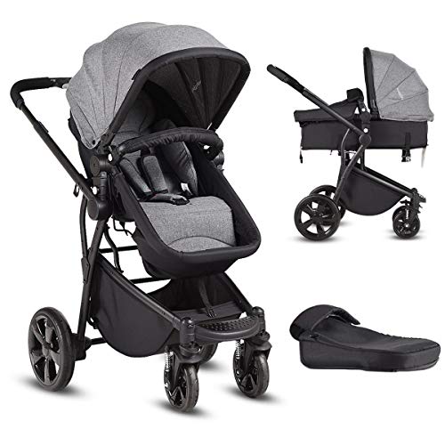 Costzon Infant Stroller, 2-in-1 Convertible Bassinet, Foldable Baby Carriage with Foot Cover, 5-Point Harness, Adjustable Recliner, Handlebar, Large Storage Basket (Gray)