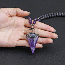 Load image into Gallery viewer, Top Plaza Natural Stone Healing Crystal Amethyst Triangle Pointed Gemstone Pendant Necklace Crescent Moon Jewelry Adjustable Lava Rock Beads Necklaces for Women Men
