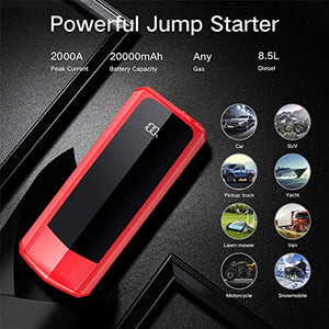 Audew Upgraded Car Jump Starters, Jump Box 2000A Peak 20000mAh Battery Charger Automotive(up to All Gas and 8.5L Diesel), 12V Battery Booster with 3 Modes LED Flashlight and Dual QC USB Ports