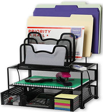 Load image into Gallery viewer, SimpleHouseware Mesh Desk Organizer with Sliding Drawer, Double Tray and 5 Stacking Sorter Sections, Black
