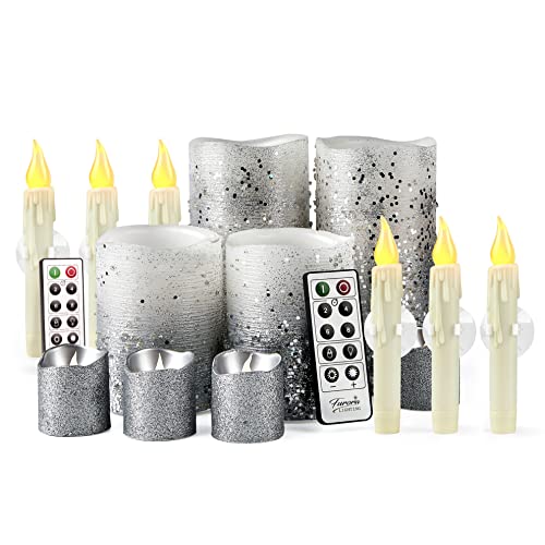 Load image into Gallery viewer, FURORA LIGHTING Silver Glitter Flameless Candles Battery Operated, Remote Controlled Pillar Candles and Votive Candles Bundle with 6 Pack Flickering Taper Candles Battery Operated with Timer