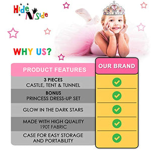 Gift for Girls, Princess Tent with Tunnel, Kids Castle Playhouse & Princess Dress up Pop Up Play Tent Set, Toddlers Toy Birthday Gift Present for Age 3 4 5 6 7 Years, Glow in The Dark Stars, Indoor