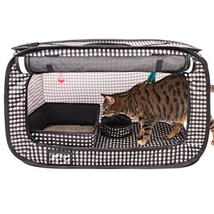 CHEERING PET, Cat Condo Cage, Travel Cage, Portable Pet Crate, Collapsible Litter Box, Foldable Feeding Bowl, Hanging Feather Teaser and Ball, Carrying Bag, Extra Large 32" X 19" X 19" (Checker Board)