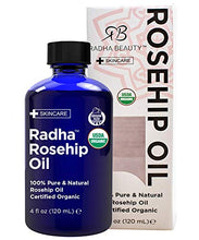 Load image into Gallery viewer, Radha Beauty Rosehip Oil USDA Certified Organic, 4 oz. - 100% Pure &amp; Cold Pressed. All Natural Anti-Aging Moisturizing Treatment for Face, Hair, Skin &amp; Nails, Acne Scars, Wrinkles, Dry Spots
