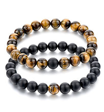 Load image into Gallery viewer, Long Way 2 pcs Black Matte Agate &amp; Tiger Eye Gem Beads 8mm Double Matching Distance Bracelets 7.5" Z &amp; 7.9"
