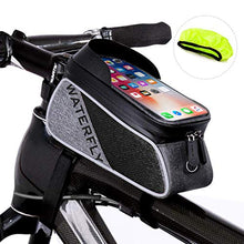Load image into Gallery viewer, WATERFLY Bike Frame Bag Waterproof Bike Phone Mount Handlebar Bag Bike Accessories with Touch Screen Phone Holder Bag for iPhone X/8/7 plus/7/6s/6 plus/5s (Black)

