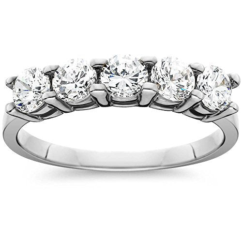 1ct Five Stone Genuine Round Diamond Wedding Anniversary Ring 14K White Gold - Size 7