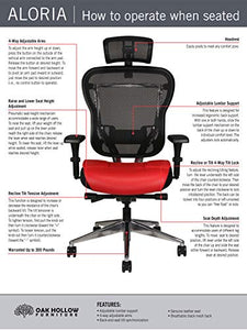 Oak Hollow Furniture Aloria Series Office Chair Ergonomic Executive Computer Chair with Headrest, Genuine Leather Seat Cushion, Mesh Back, Adjustable Lumbar Support Swivel and Tilt High-Back (Red)