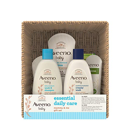 Aveeno Baby Essential Daily Care Baby & Mommy Gift Set Featuring a Variety of Skin Care and Bath Products to Nourish Baby and Pamper Mom, Baby Gift for New and Expecting Moms, 7 Items