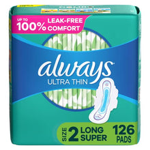 Load image into Gallery viewer, Always Ultra Thin, Feminine Pads For Women, Size 2 Long Super Absorbency, With Wings, Unscented, 126 Count
