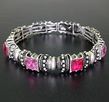 Load image into Gallery viewer, Falari Vintage Acrylic Crystal Antique Silver Stretch Bracelet Fuchsia &amp; Pink B0002-03

