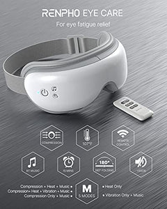 RENPHO Eye Massager with Heat and Vibration, Remote Control, Compression Bluetooth Music Temple Eye Massage Mask Rechargeable for Relax Eye Strain Dark Circles Eye Bags Dry Eyes Improve Sleep-White