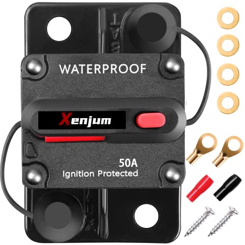 Xenjum 50 Amp Circuit Breaker Kit, Professional Amp Breaker with Fuse Manual Reset Switch for RV Marine Boat Truck Yacht Battery Trailer Audio System Protection Modification,12-48V DC, Waterproof