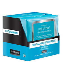 Load image into Gallery viewer, Neutrogena HydroBoost Facial Cleansing &amp; Makeup Remover Wipes with Hyaluronic Acid, Hydrating Pre-Moistened Face Towelettes to Cleanse &amp; Remove Dirt, Makeup &amp; Impurities, Twin Pack, 25 ct
