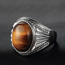 Load image into Gallery viewer, PMTIER Men's Stainless Steel Oval Tiger Eyes Gemstone Ring Silver Size 12
