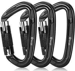 Favofit UIAA Certified Climbing Carabiners (Certificate No.: USA 20-5611), 3 Pack, 25KN (5620 lbs) Heavy Duty Large Locking Carabiner Clips for Rock/Ice Climbing Rappelling Rescue Swing etc, Black