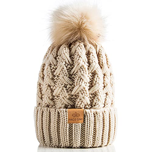 PAGE ONE Womens Winter Ribbed Beanie Crossed Cap Chunky Cable Knit Pompom Soft Warm Hat Navy
