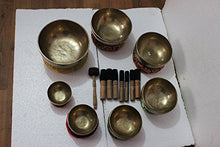 Load image into Gallery viewer, Chakra Healing Tibetan Singing Bowls Set of 7 pieces ~ Hand Hammered Himalayan Meditation Bowls ~ 5"-10" ~ included 7 Mallets, 7 cushions &amp; 1 drum stick. Handmade in Nepal by Thamelmart
