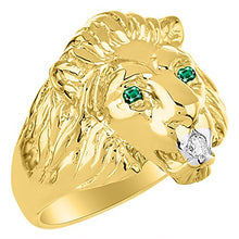 Load image into Gallery viewer, Amazing Conversation Starter Genuine Natural Diamond &amp; Gorgeous Green Emerald Lion Head Ring in 14K Yellow Gold
