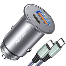 Load image into Gallery viewer, USB C Car Charger Super Mini AINOPE All Metal 36W Fast USB Car Charger PD&amp;QC 3.0 Dual Port Car Adapter Compatible with iPhone 12/12 Pro/Max/Mini/iPhone 11/Pro/Max/XR/XS/Max/8, Galaxy S21/20/10-Silver
