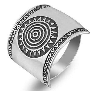 925 Sterling Silver Mayan Sun Cigar Band Ring Inca Aztec Calendar Ring Stylish Boho Hippie Jewelry Mexican Native American Tribal Style Gift for Women Handmade Unique Design