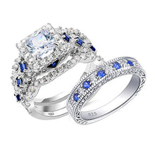 Load image into Gallery viewer, Newshe Size 7 Blue Engagement Wedding Ring Set 3pcs 2.5ct Princess White Cz and 1 Stackable Eternity Ring
