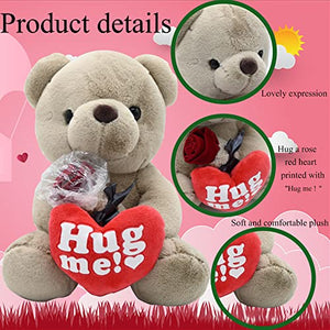 Valentine's Day Hug Me Teddy Bear, 9in Plush Heart Teddy Bear Stuffed Animal with Bow Rose Valentines Day Gift for Kids Couple Girlfriend Valentines Exchange Gift, Valentines Party Favor, Birthday