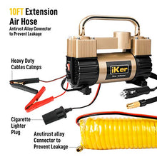 Load image into Gallery viewer, iKer Portable Air Compressor Pump Heavy Duty Tire Inflator for Car,Truck,SUV Tires,12V 70L/Min Double Cylinders Metal Air Pump 150PSI with Battery Clamp，11.5ft Extension Air Hose and Tire Repair Kit
