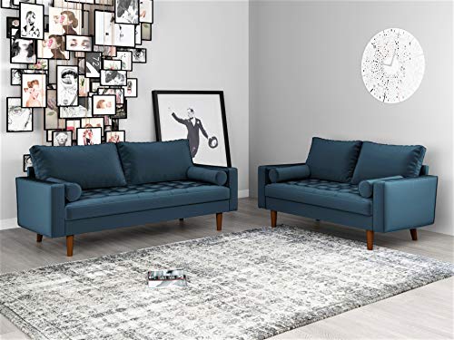Container Furniture Direct Mid Century Modern Velvet Upholstered Button Tufted Living Room Sofa, 2 Piece Set, Prussian Blue