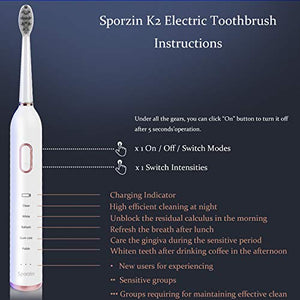 Sporzin Electric Toothbrushes for Adults Sonic Toothbrush Electronic Toothbrush USB Charging Last 60 Days 5 Modes 3 Intensities Smart Timer with 2 Dupont Brush Heads & Travel Case Toothbrush Holder