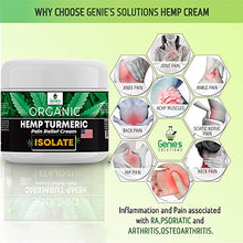 Load image into Gallery viewer, Genie's Solutions Organic Hemp Cream for Pain Relief - Soothing Lotion for Neck, Back, Knee, Joint, Muscle Aches - Natural Formula with Turmeric, Aloe, MSM, Copaiba, Helichrysum, Arnica - USA
