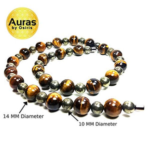 Auras By Osiris Tigers Eye Necklace for Men - Pyrite Necklace - Huge Beaded Necklace - African Neckless for Men - Protection Stones - Crystal Necklace - Easy Lock Clasp