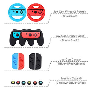 Switch Accessories Bundle, Kit with Carrying Case, Protective Case with Screen Protector, Compact Playstand,Game Case, Joystick Cap, Charging Dock, Grip and Steering Wheel for Nintendo Switch(10-in-1)