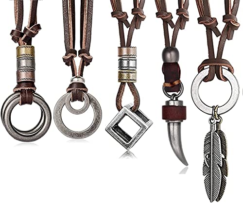 MILACOLATO 5Pcs Leather Necklace for Men Women Vintage Feather Cube Chain Necklace Adjustable,