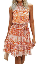Load image into Gallery viewer, BTFBM Women Floral Dresses Casual Summer Sleeveless Halter Neck Ruffle Belt Boho Polka Dot Leopard Print Sun Short Dress (Floral Yellow, Small)
