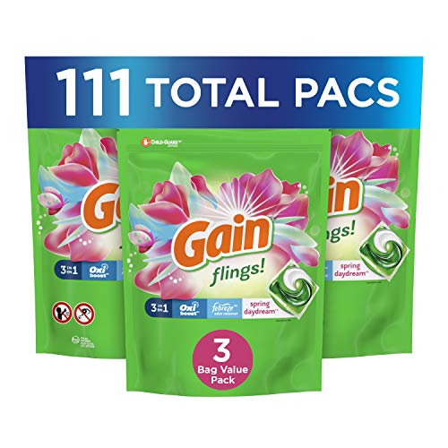 Gain Flings 3-in-1 Liquid Laundry Detergent Pacs, Spring Daydream Scent, 3 Bag Value Pack, 111 Count, HE Compatible
