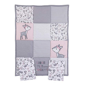 Little Love By Nojo Sweet Deer, Grey, Pink, White 3Piece Nursery Mini Crib Bedding Set With Comforter, 2 Fitted Mini Crib Sheets, Pink, Grey, White, Charcoal