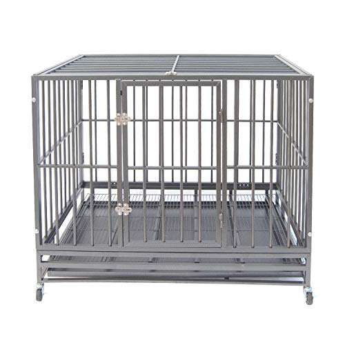 Polar Aurora Pet Dog Cage Heavy Duty Strong Metal Crate Kennel Playpen w/Lockable 4 Wheels&Tray (42, Grey)