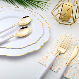 144 PCS Disposable Gold Silverware, Plastic Flatware with White Handle, Gold Plastic Cutlery Includes: 48 Forks, 48 Knives and 48 Spoons (GOLD)