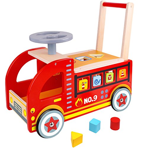 Pidoko Kids Ride On Fire Truck - Wooden Push and Pull Walker Cart - Balance Wagon Toy for Toddlers Boys & Girls age 18 Months and up