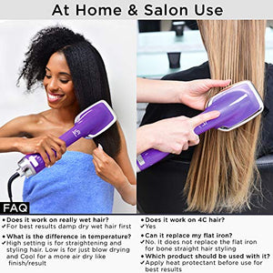 Le Angelique Brush N Blo - One Step Hair Straightening Blow Dryer Brush for Easy & Quick Curly Hair Styling | 1000W Hot/Cold Air Straightener | No-Frizz Tourmaline Tech Detangles & Boost Shine -Purple